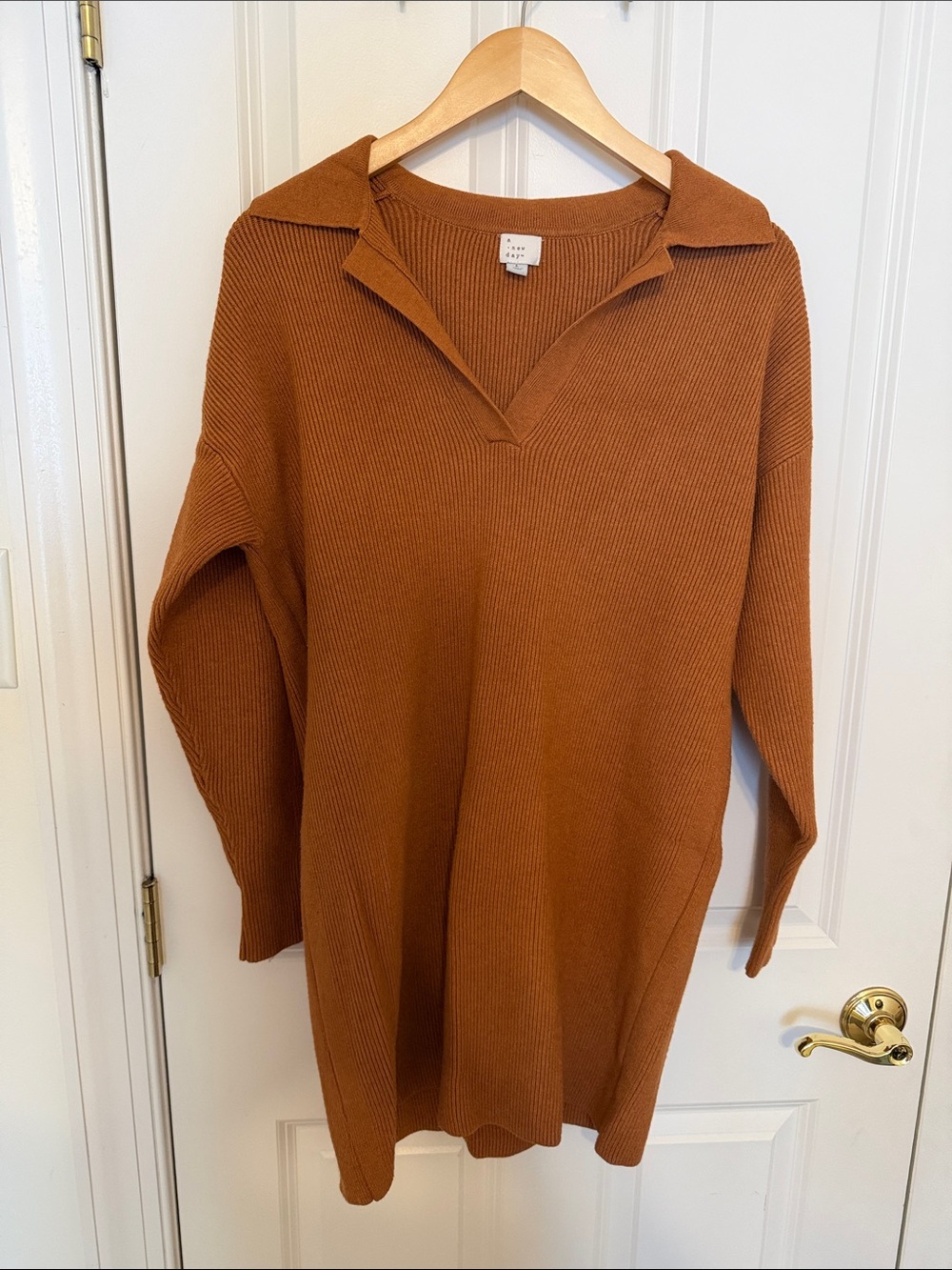 a new day Ribbed V-Neck Sweater Dress in Rust